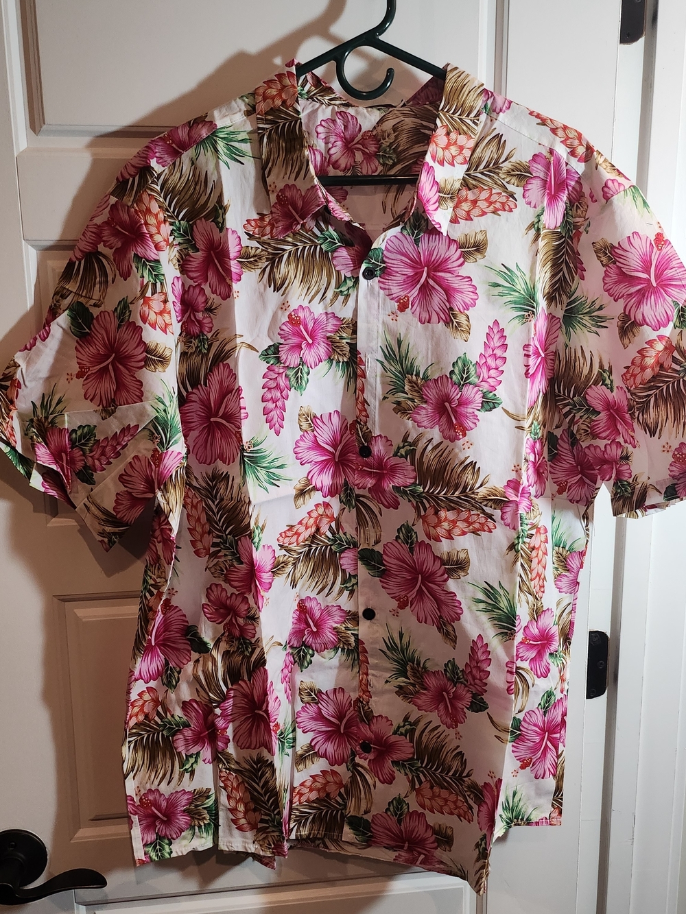 Men's White Button-Down Hawaiian Shirt with Pink Floral Print